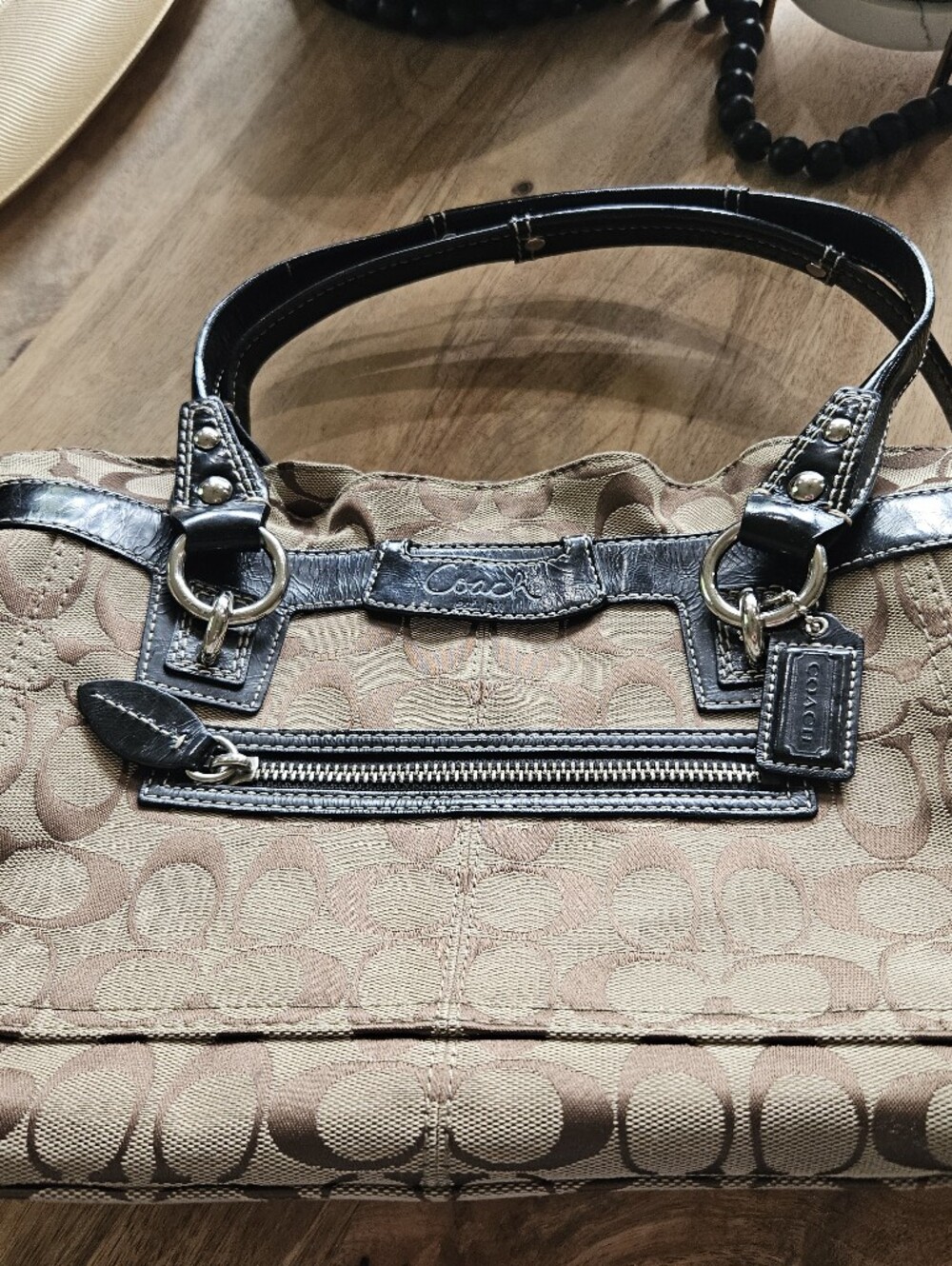 Coach Beige Signature Canvas Shoulder Bag with Black Leather Trim